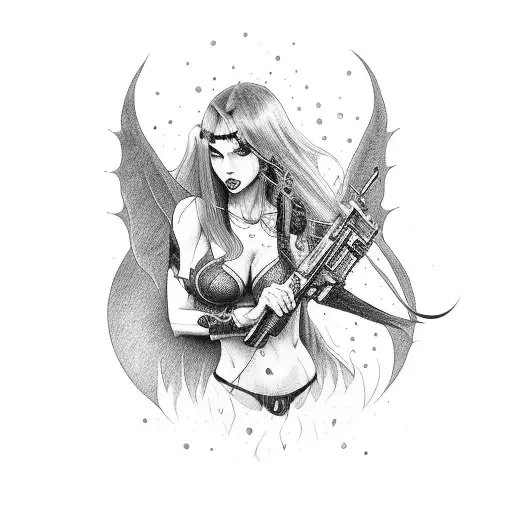 Demon Girl Aiming Ak47 Topless