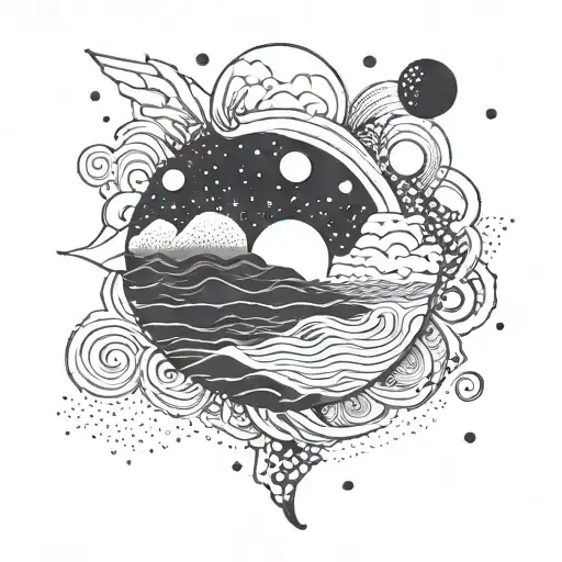 An Abstract Painting Inspired Tattoo Depicting The Ocean Waves And Moon Phases