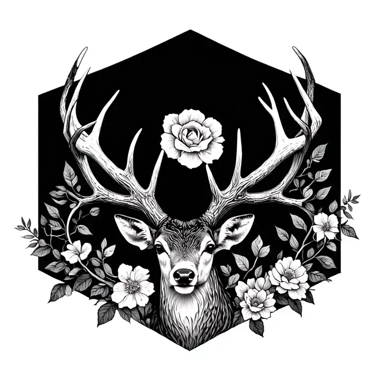 Deer Antlers In Vines Spine Tattoo With Flowers