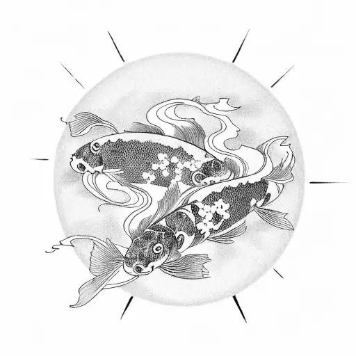 Koi Fish With Japanese Cherry Blossoms And Sun Rays