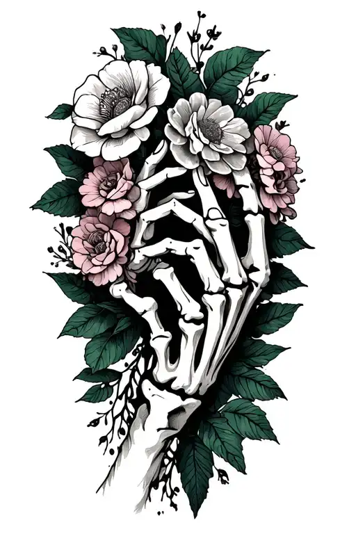 Lover Skeleton Hand Holding With Flowers