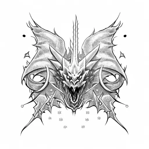 Dragon With Rips In Wings On Top Of Bed Of Skulls