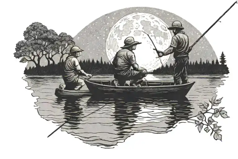 Father And Son Fishing Under Full Moon