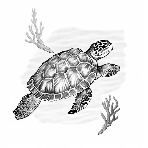 Sea Turtle Among Corals And Algae