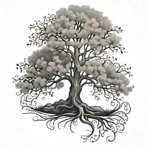 A Dotwork Tattoo Of A Majestic Gondor Tree With Iris Flowers Blooming At Its Roots