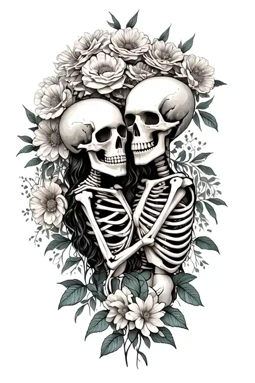 Lover Skeleton Holding Each Other With Flowers Behind
