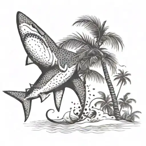 A Fun Design Of A Shark Playing A Saxophone Under A Palm Tree On The Beach