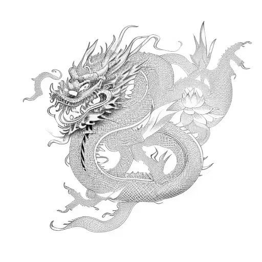 Asian Chinese Dragon With Lotus