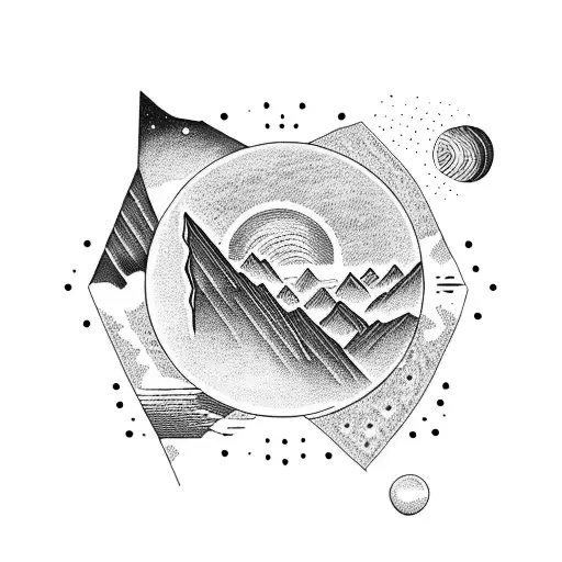 A Dotwork Tattoo Of A Mountain Range With Planets And Stars In The Sky