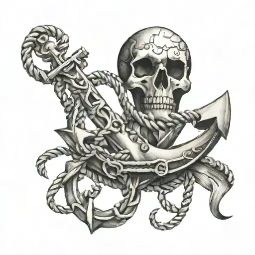 Design A Tattoo Of An Anchor Entwined With Intricate Rope Patterns And A Small Skull Hanging From It