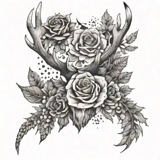 Floral Antler Tattoo With Roses On One Side And Thistles The Other