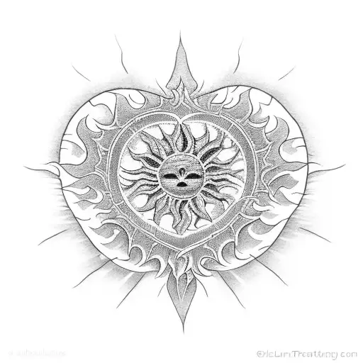 A Dotwork Tattoo Showcasing A Heart-shaped Sun With Skeletal Rays And Intricate Flower Patterns