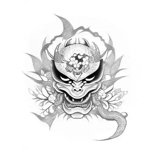 Broken Japanese Demon Mask With Sakura Buds Coming Out Of It