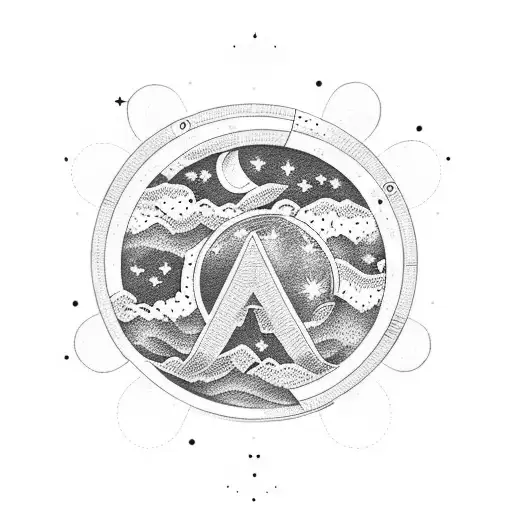 A Dotwork Tattoo Of A Celestial Landscape With A Peace Sign As The Moon