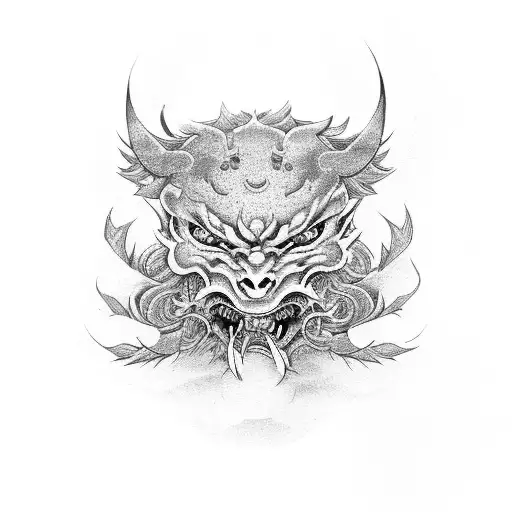 Broken Japanese Demon Mask With Sakura Buds Coming Out Of It