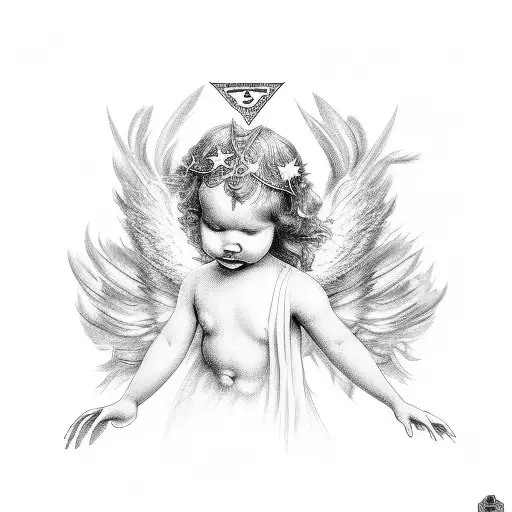 Angel With 3 Cherubs With Feathers And Stars
