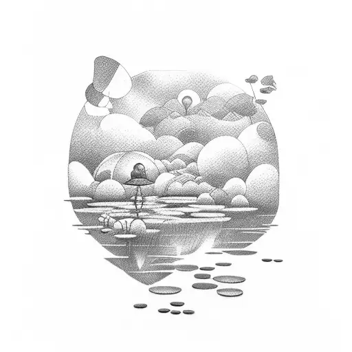 A Dreamy Landscape With A Lotus Pond And Musical Notes Floating In The Sky