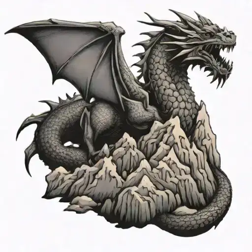 Design A Tattoo Of A Dragon Wrapped Around A Mountain Peak In A Dotwork Style