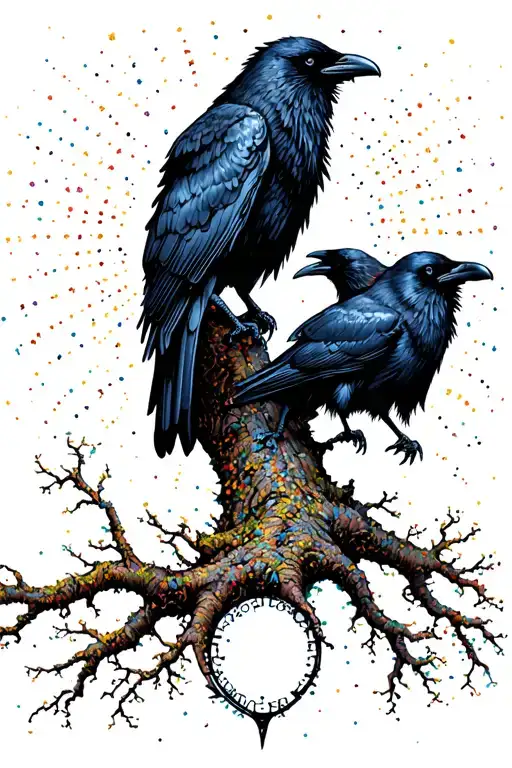 Odin's Ravens Perched In The Tree Of Life With Colour In The Tree