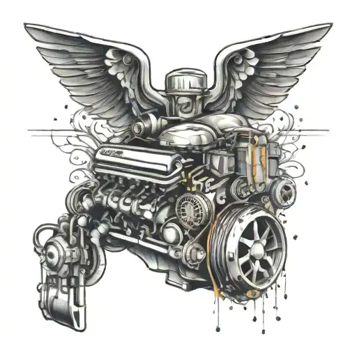 A Tattoo Of A Mechanic Working On A Car Engine With Floral Details And Speed Lines