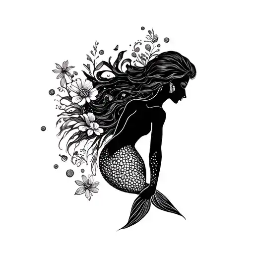 Flowers And A Mermaid Swimming