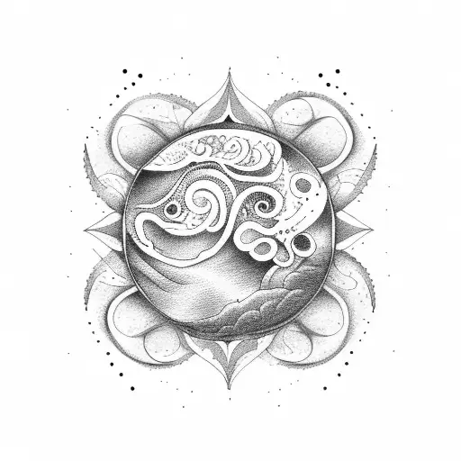 A Dotwork Tattoo Of A Mystical Earth Goddess Surrounded By Swirling Ocean Waves And Blooming Flowers