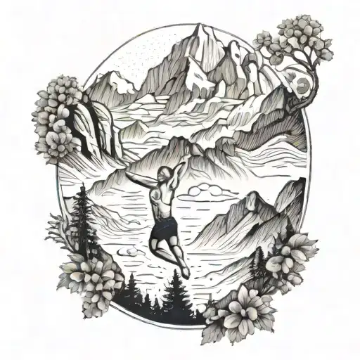A Majestic Mountain Landscape With A Gymnast Gracefully Moving Among The Peaks