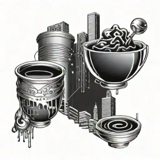 A Futuristic Cityscape With Flying Coffee Cups And Software Code Embedded In The Buildings