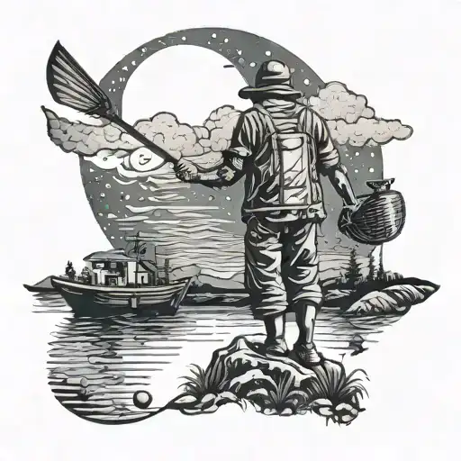 A Detailed Night Scene With A Fisherman Under A Full Moon