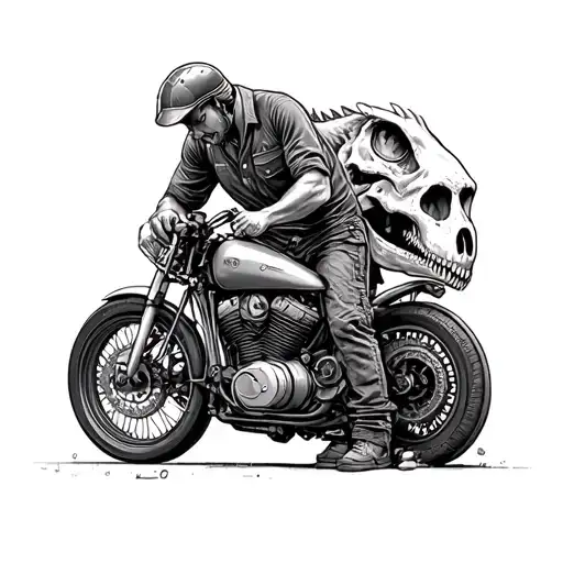 Mechanic Working On A Motorcycle With A Dinosaur Skull In The Background