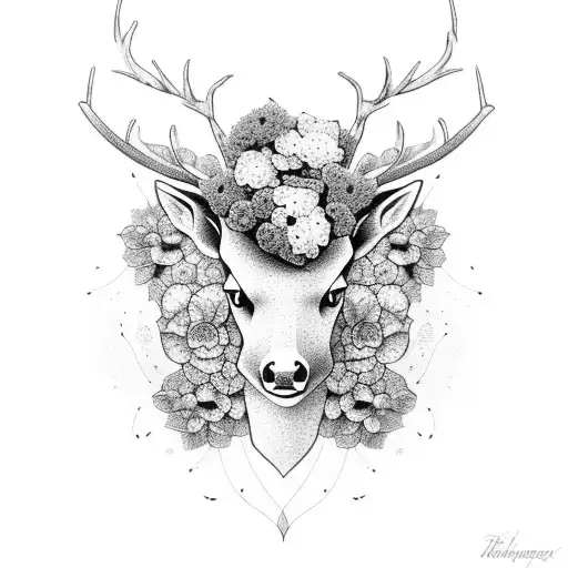 A Black Deer Head With Hydrangeas Growing Out Of The Head