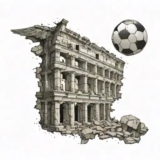 A Dotwork Tattoo Of A Football Soaring Through The Ruins Of Ancient Rome