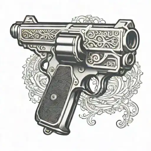 A Tattoo Of A Vintage Gun With Intricate Engraving Details Inspired By Classic Car Designs