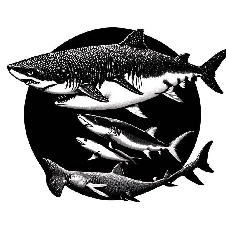 Different Sharks Swimming Underwater With Other Ocean Animals