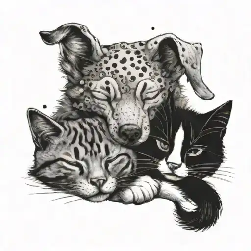 Create A Tattoo Of A Sleeping Dog And Cat Snuggled Together