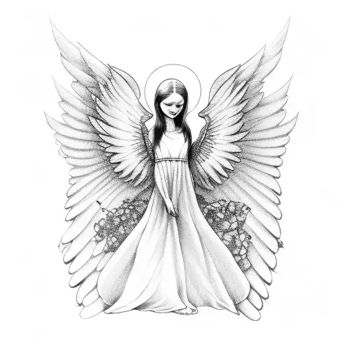 Angel With Closed Eyes And Large Wings Holding A Baby