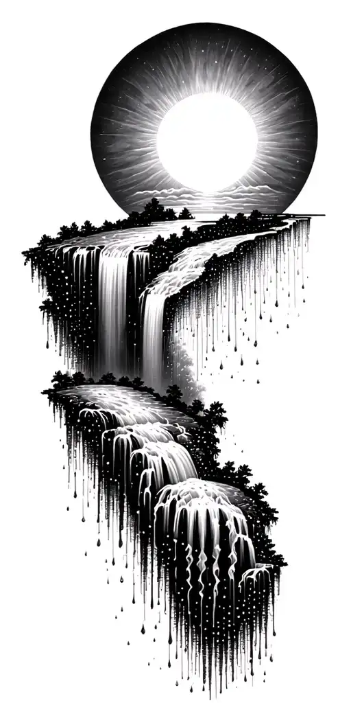 A Sun Melting Into A Waterfall That Turns Into Rain Drops