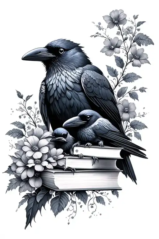 Raven And Baby Raven With Flowers And Books