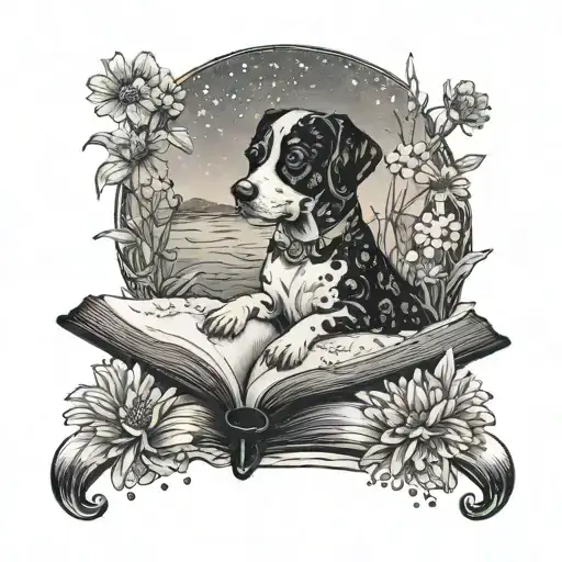 A Tattoo Of A Dog Reading A Book By A River Surrounded By Daisies
