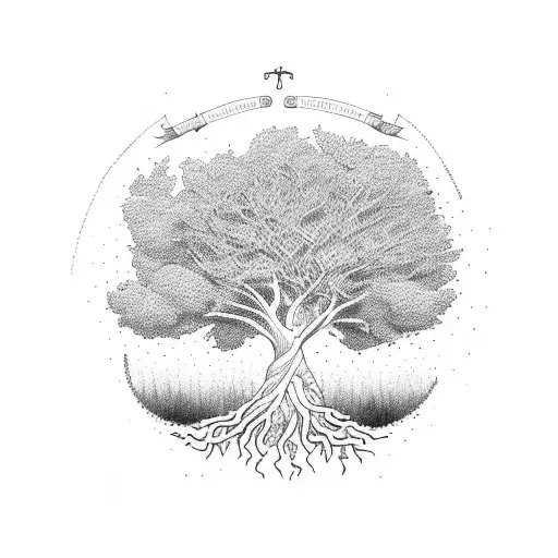 Mustard Tree With Deep Roots And With Colorful Birds