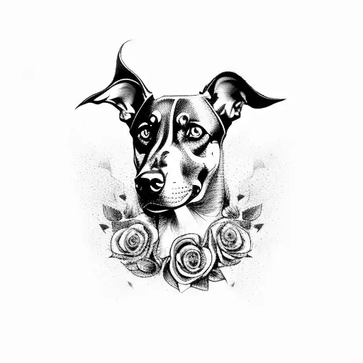 Black And Grey Portrait Of Dobermann With Lots Of Roses Around The Neck