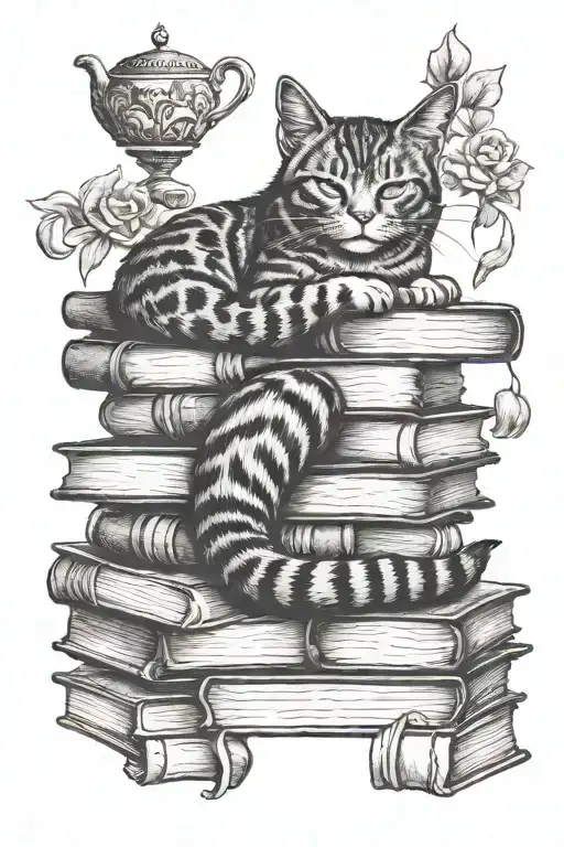Cat Sleeping Books Stacked Hot Tea Mental Health