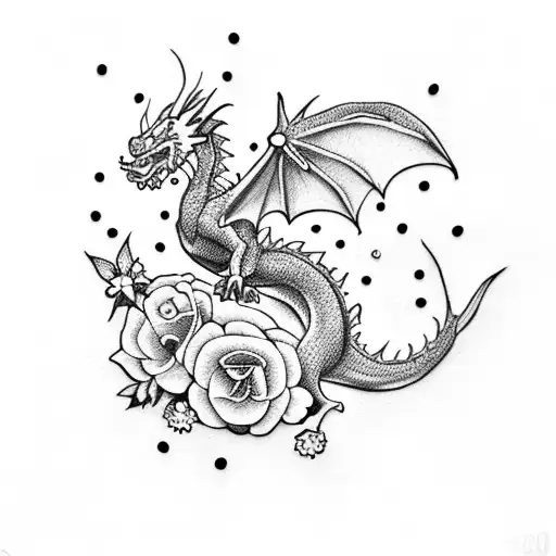 A Dotwork Tattoo Of A Dragon Surrounded By Daisies And Roses