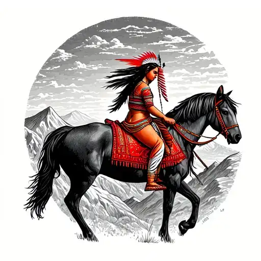 Red Indian Girl Riding Horse On Mountains Sunset Sky