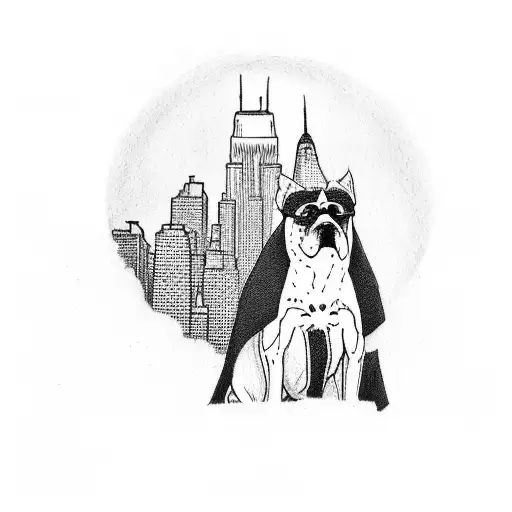 A Dog Wearing A Superhero Cape Standing On Top Of A New York City Skyline