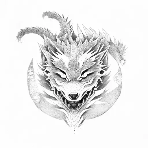Traditional Japanese Dragon Transforming Into A Wolf