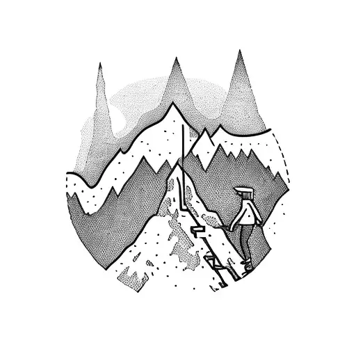 A Dotwork Tattoo Of A Hiker Standing On Top Of A Mountain With A Fire Alarm Symbol Incorporated