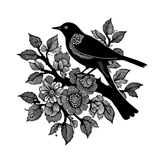 A Silhouette Of A Bird Perched On A Branch With Intricate Floral Patterns Intertwined