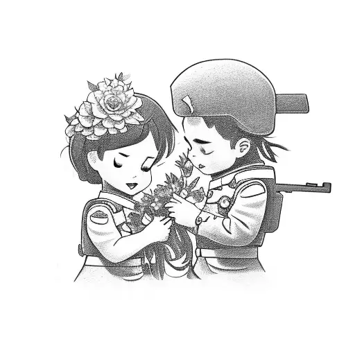 Soldier Giving Flower To Little Girl With Other Soldier Covering Him