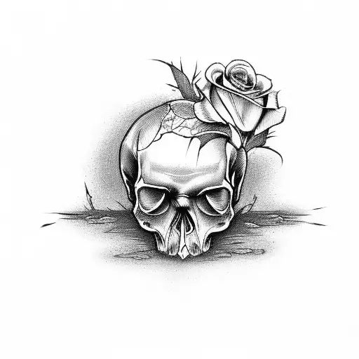 Old Cracked Skull With A Rose Growing Out Of The Crack